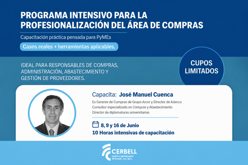 Afiche del Centro Empresario Regional Bell Ville sobre una capacitación intensiva para profesionalizar el área de compras en PyMEs.